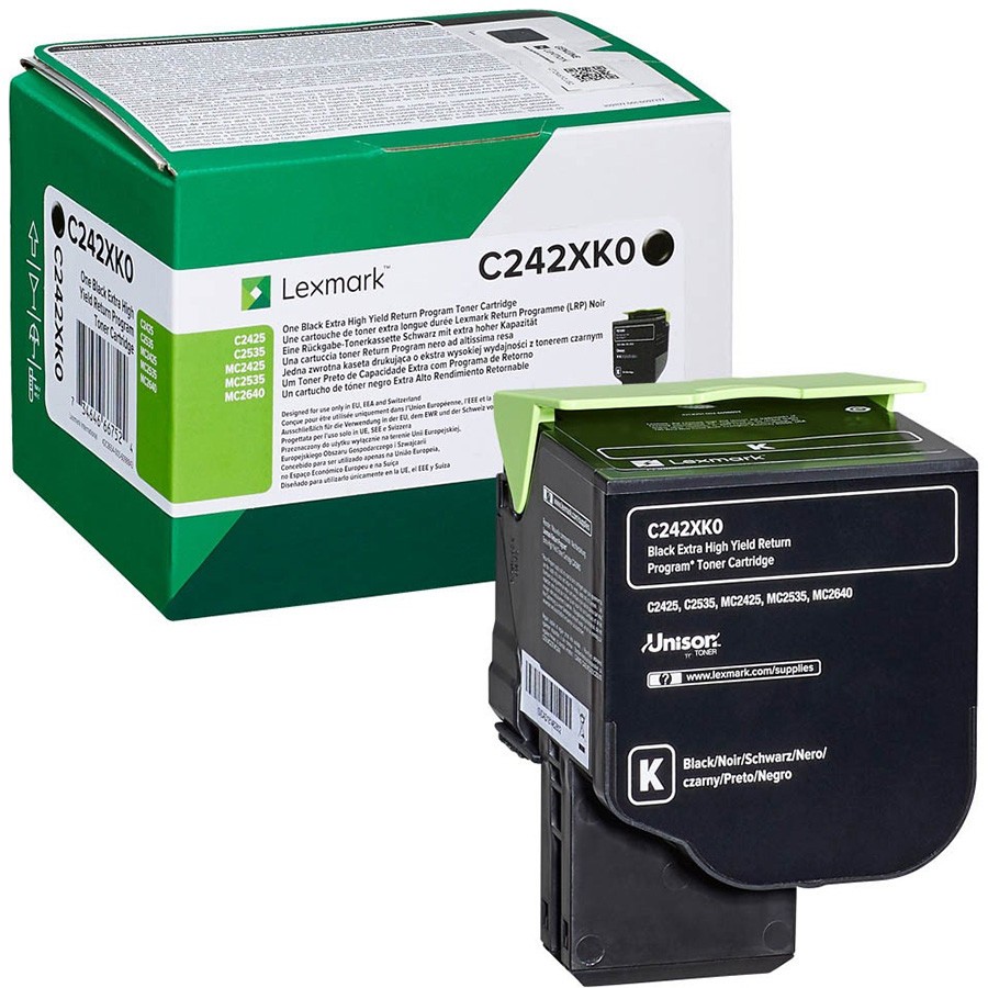 Lexmark C242XK0 čierny (black) originálny toner.
Prečo kúpiť našu originálnu náplň?
 

Originálny toner = záruka priamo od výrobcu tlačiarne
100% použitie v tlačiarni - bezproblémové fungovanie s vašou tlačiarňou
Použitím originálnej náplne predlžujete životnosť tlačiarne
Osvedčená špičková kvalita - vysokokvalitná a spoľahlivá tlač originálnou tlačovou kazetou od prvej do poslednej stránky
Trvalé a profesionálne výsledky tlače - dlhodobá udržateľnosť tlače
Kratšie zdržanie pri tlači stránok
Garancia Vašej spokojnosti pri použití našej originálnej náplne
Zabezpečujeme bezplatnú recykláciu originálnych náplní
Zlyhanie náplne v menej ako 1% prípadov
Jednoduchá a rýchla výmena náplne

Kód výrobca: C242XK0