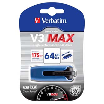 Verbatim USB flash disk, USB 3.0, 64GB, V3 MAX, Store N Go, modrý, 49807, USB A, s výsuvným konektorem