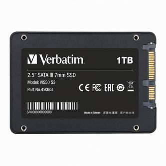 Interní disk SSD Verbatim SATA III, 1000GB, GB, 1TB, Vi550, 49353, 560 MB/s-R, 535 MB/s-W.
 
 Prodlužte životnost svého počítače či notebooku
Vdechněte nový život staršímu systému výměnou unaveného pevného disku nebo zastaralého SSD 2D NAND za SSD Vi550 S3.
 
Zvýšení výkonu
Vysokorychlostní čipy flash 3D NAND v kombinaci s řadičem poslední generace zkrátí dobu odezvy vašeho systému.
 
 Odolnost a výdrž
SSD Verbatim neobsahují žádné citlivé pohyblivé části, takže na rozdíl od pevných disků jsou odolné proti nárazům a otřesům.
 
Chlazení a efektivita
SSD Verbatim jsou tišší a generují méně tepla než pevné disky.
Podrobnosti o produktu


Interní 2,5'' SSD SATA III 7 mm
Vysoká spolehlivost díky vynikajícímu řadiči paměti flash
Klientský disk SSD pro upgrade počítačů a notebooků
Rychlost čtení až 560 MB/s
Zvyšte výkon svého PC a spouštějte aplikace rychleji
Nízká spotřeba energie prodlužující výdrž na baterie
Doporučena profesionální instalace


Požadavky na systém
Rozhraní 2,5'' SATA III

 

Technické údaje

Provedení: 2,5'' 7 mm
Rozhraní hostitele: SATA Revision 3.2.
IOPS – čtení: 128 GB: 61 279 / 256 GB: 64 784 / 512 GB: 75 413 / 1 TB: 71,262
IOPS – zápis: 128 GB: 81 727 / 256GB: 85 901 / 512 GB: 86 756 / 1 TB: 85,241
Spolehlivost systému (MTBF): 2 miliony hodin
Hodnocení TBW: 128 GB: 75 TB / 256 GB: 150 TB / 512 GB: 360 TB / 1 TB: 480 TB
Provozní teplota: 0 °C až 70 °C
Neprovozní teplota: -40°C až 85°C
Vlhkost: RH 90 % do 40 °C (provozní)
Otřesy: 1500 G, trvání 0,5 ms, poloviční sinusoida
Vibrace: Frekvence 20 až 80 Hz / posunutí 1,52 mm.
Rozměry: 7 mm × 69,9 mm × 100,5 mm
Hmotnost: 45 g
Záruka: Tříletá omezená záruka**

Přenosová rychlost dat:

Rychlost čtení: 128GB: až 560MB/s* / 256GB: až 560MB/s* / 512GB: až 560MB/s* / 1TB: až 560MB/s*
Rychlost zápisu: 128GB: až 430MB/s* / 256GB: až 460MB/s* / 512GB: až 535MB/s* / 1TB: až 535MB/s*

Spotřeba energie:

Spotřeba energie při aktivním čtení: 128 GB: 1250 mW / 256GB: 1310mW / 512GB: 1430mW / 1TB: 1690mW
Spotřeba energie při aktivním zápisu: 128 GB: 1280 mW / 256GB: 1330mW / 512GB: 1670mW / 1TB: 2475mW
Spotřeba energie při nečinnosti: 128 GB: 306 mW / 256GB: 315mW / 512GB: 320mW / 1TB: 385mW

Určeno k použití v aplikacích klientských PC, nevhodné pro serverové prostředí.
*Podle výsledků interních zkoušek.
**Omezená záruka je tříletá nebo podle TBW.