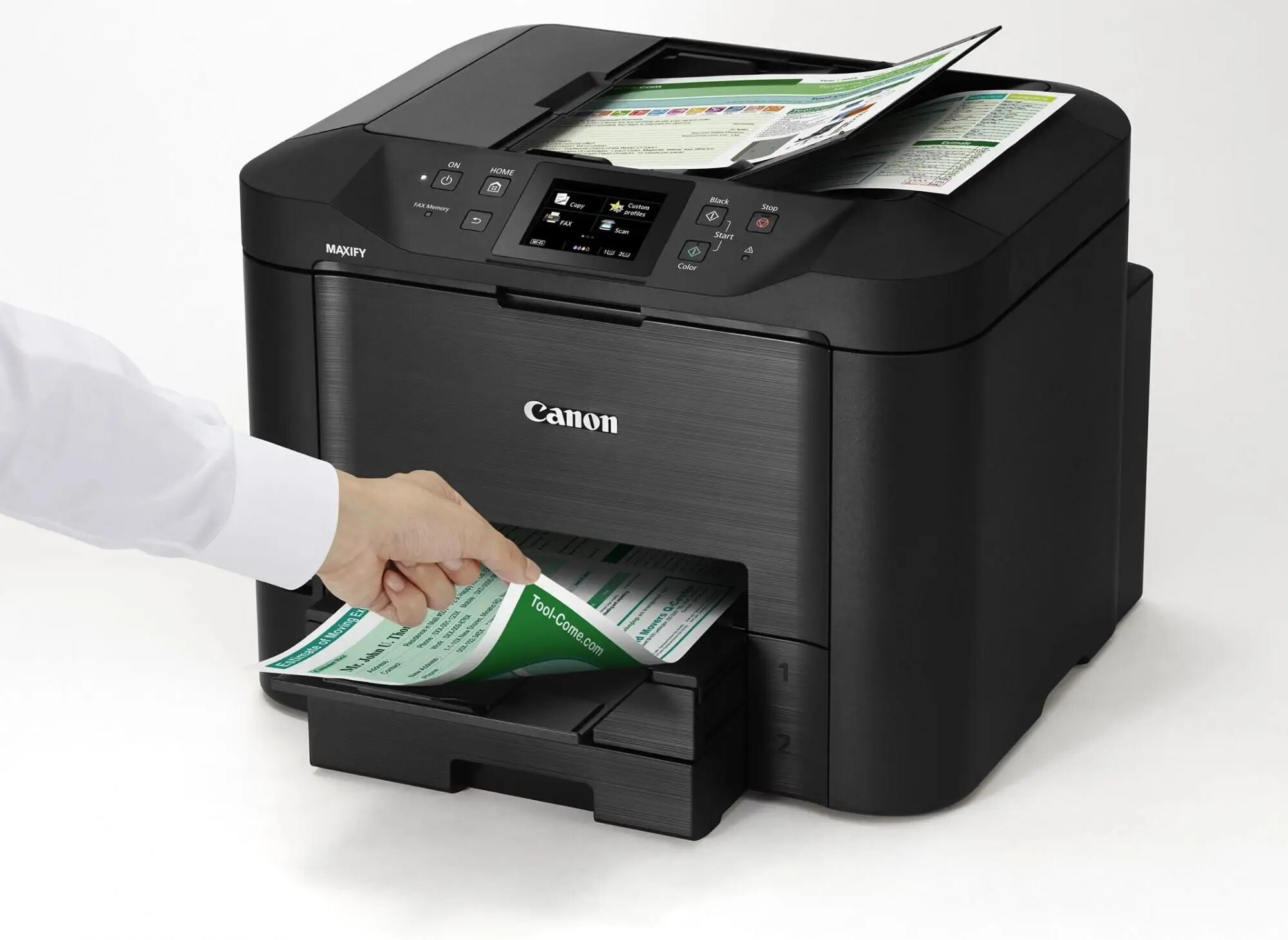 Canon MAXIFY MB5450 0971C009 atramentová multifunkcia.
Komplexné riešenie do malej kancelárie
Rad MAXIFY MB5450 predstavuje ideálnu voľbu pre efektívnu tlač v malých kanceláriách bez nutnosti obetovať výkon, kvalitu alebo spoľahlivosť.
Rýchla tlač a skenovanie
Technológia Quick First Print umožňuje dosiahnuť veľmi krátky čas vytlačenia prvého výtlačku (FPOT): v prípade čiernobielej tlače približne 6 sekúnd.
Pripojenie
Aplikácia Canon PRINT pre zariadenia so systémami iOS a Android umožňuje tlač a skenovanie cez sieť Wi-Fi.
Vždy vysoko kvalitná tlač
Atrament DRHD (Dual Resistant High Density) bol vyvinutý špeciálne pre firemnú tlač.
Ľahko použiteľné a vysoko produktívne
Veľký 8,8 cm farebný dotykový displej umožňuje ľahký prístup ku všetkým funkciám zariadenia radu MAXIFY MB5450.
Nízke prevádzkové náklady
Vďaka zariadeniu radu MAXIFY MB5450 môžete dosiahnuť tlač vo vysokej kvalite, ktorá nezruinuje váš rozpočet.
Tlačiareň:
Rýchlosť tlače: 24,0 obr./min čiernobielo A4; 15,5 obr./min farebne A4
Doba do výstupu prvej strany: Čiernobielo: 6 s (pripravené) / 10 s (režim spánku); Farebne: 7 s (pripravené) / 12 s (režim spánku)
Technológia tlače: Atramentová technológia, tlačová hlava FINE
Maximálne rozlíšenie tlače: 600 × 1 200 dpi
Okraje tlače (minimálne): Horný: 3 mm, dolný: 5 mm, ľavý a pravý: 3,4 mm
Obojstranná tlač: Automatický (bežný papier A4, Letter)
Skenovanie:
Typ skenera: Plochý, jednopriechodový duplexný automatický podávač dokumentov
Technológia skenera: 2× farebný skener CIS
Rozlíšenie skenera (optické): Až 1 200 × 1 200 dpi
Obojstranné skenovanie: K dispozícii (jednopriechodové)
Rýchlosť skenovania (podávač ADF) pribl.: Obojstranne 23 obr./min farebne; Obojstranne 23 obr./min čiernobielo
Maximálna veľkosť dokumentu: Sklo skenera: A4, Letter (216 × 297 mm); Automatický podávač dokumentov: A4, Letter, Legal
Hĺbka skenovania (Vstup / výstup):Farebne: 48 bitov / 24 bitov; Stupne šedej: 16 bitov / 8 bitov
Skenovacie funkcie: Skenovanie do e-mailu, skenovanie do sieťovej zložky, skenovanie do cloudu, skenovanie na zariadení USB
Kopírovanie:
Rýchlosť kopírovania (približne): Farebne, z podávača ADF: 11,5 obr./min; Čiernobielo, z podávača ADF: 22,0 obr./min
Viacnásobné kopírovanie: Až 99 strán
Zmenšenie / zväčšenie: 25 až 400%, prispôsobenie veľkosti stránky
Nastavenie kvality kopírovania: Štandardné, vysoké
Obojstranné kopírovanie: Obojstranný na obojstranný (automaticky)
Funkcia kopírovania: Vymazanie rámčeka, kompletovanie, 2 na 1, 4 na 1, obojstranné kópie
FAX:
Typ faxu: Super G3 / farebný
Rozlíšenie faxu: Čiernobiely režim: až 300 × 300 dpi; Farebný režim: 200 x 200 dpi
Rýchlosť faxovania: Čiernobiely režim: pribl.
Pamäť faxu: Až 250 strán
Kódovaná rýchla voľba: Max.
Skupinová voľba: Max.
Spotrebný materiál:
Typ atramentu: Atrament DRHD (Dual Resistant High Density); 4 zásobníky atramentu (čierny, azúrový, purpurový, žltý)
Atramenty XL:
PGI-2500XL BK
PGI-2500XL C
PGI-2500XL M
PGI-2500XL Y
Pripojenie:
Káblové pripojenia: USB 2.0 Hi-speed; Ethernet 10/100 Mb/s (automatické prepínanie); Port pre pamäťové zariadenie USB flash (typu „A“)
Bezdrôtové pripojenia: Wi-Fi IEEE802.11 b/g/n; Frekvenčné pásmo bezdrôtovej siete LAN: 2,4 GHz; Režim prístupového bodu
Rozmery a hmotnosť:
Rozmery (Š × H × V):
463 × 394 × 351 mm
463 × 459 × 351 mm (po vložení papiera)
Hmotnosť: 12,9 kg!