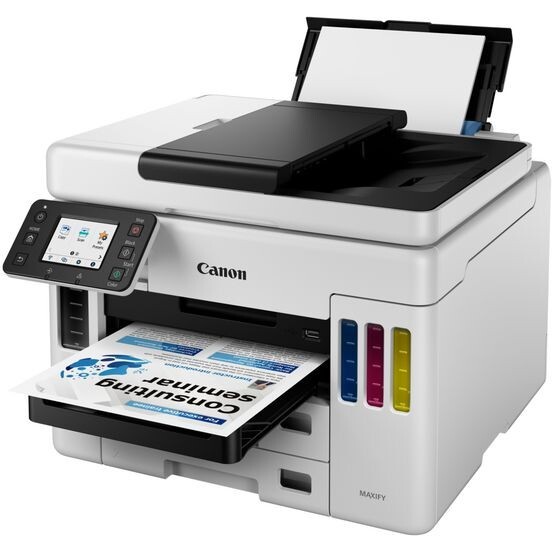 Canon MAXIFY GX7040 4471C009 atramentová multifunkcia.
S úplne spoľahlivými veľkoobjemovými tlačiarňami MegaTank môžete vytvárať dokumenty podnikovej kvality, pričom vás čaká priemerná úspora 85 % z celkových nákladov na vlastníctvo v porovnaní s 10 najlepšie hodnotenými laserovými a atramentovými tlačiarňami.
* Tlač, kopírovanie, skenovanie a faxovanie s duplexným automatickým podávačom dokumentov a sietí Wi-Fi a Ethernet
* Tlačiareň s doplniteľnými zásobníkmi atramentu
* Výklopná farebná dotyková obrazovka LCD s uhlopriečkou 6,9 cm
*2 tlačové hlavy FINE (čierna a farebná)
*Tlačiareň s doplniteľnými zásobníkmi atramentu
Formát tlačiarne: A4
Rozlíšenie [DPI]: Až 600 × 1 200 dpi
Rýchlosť čiernej tlače: 24,0 obr./min
Rýchlosť farebnej tlače: 15,5 obr./min
Tlač prvej strany [sec.]: Pribl.
Max.
Obojstranná tlač: Automatická obojstranná tlač (A4, A5, B5, Letter – bežný papier)
Automatický podávač pre skenovanie: Duplexný automatický podávač dokumentov na 50 listov (Jednopriechodové obojstranné skenovanie)
Kapacita zásobníka [str.]:
Maximálna vstupná kapacita papiera
*Zadný zásobník: max.
*Kazeta 1: Max.
*Kazeta 2: Max.
*Automatický podávač ADF: A4, LTR: 50, LGL: 10
Rozhranie:
*USB 2.0 Hi-Speed (Port B)
*Ethernet: 10/100 Mb/s (automatické prepínanie)
*Wi-Fi IEEE802.11 b/g/n p
*Zabezpečenie siete Wi-Fi: WPA-PSK, WPA2-PSK, WEP, heslo pre správu
*Frekvenčné pásmo bezdrôtovej siete LAN: 2,4 GHz, 5 GHz
Skener:
*Typ skenera: Plochý farebný skener CIS (automatický podávač ADF / doska)
*Rozlíšenie skenera (optické): 1 200 × 1 200 dpi
Fax: Super G3 / farebný
Spotreba [W]:
*Vypnuté: pribl.
*Pohotovostný režim (pri pripojení k počítaču cez USB): pribl.
*Pohotovostný režim (pripojené všetky porty): pribl.
*Doba do prechodu do pohotovostného režimu: 5 minút
*Kopírovanie: pribl.
Hlučnosť [dB]: pribl.
Rozmery (Š × H × V): pribl.
Hmotnosť [kg]: pribl.
Podporované operačné systémy: Windows 10, Windows 8.1, Windows 7 SP1
Funkčnosť je možné zaručiť iba na počítači s predinštalovaným operačným systémom Windows 7 alebo novším.
Iba ovládač a asistenčný nástroj pre tlačiarne IJ: Windows Server 2008 R2 SP1, Windows Server 2012 R2, Windows Server 2016, Windows Server 2019
Monitor: rozlíšenie XGA 1 024 × 768 alebo vyššie
Mac: OS X 10.12.6 až macOS 10.15
Chrome OS
Mobilné operačné systémy: iOS, Android
Záruka: 24 mes. 
!