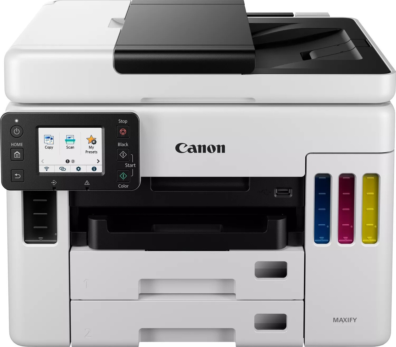 Canon MAXIFY GX7040 4471C009 atramentová multifunkcia.
S úplne spoľahlivými veľkoobjemovými tlačiarňami MegaTank môžete vytvárať dokumenty podnikovej kvality, pričom vás čaká priemerná úspora 85 % z celkových nákladov na vlastníctvo v porovnaní s 10 najlepšie hodnotenými laserovými a atramentovými tlačiarňami.
* Tlač, kopírovanie, skenovanie a faxovanie s duplexným automatickým podávačom dokumentov a sietí Wi-Fi a Ethernet
* Tlačiareň s doplniteľnými zásobníkmi atramentu
* Výklopná farebná dotyková obrazovka LCD s uhlopriečkou 6,9 cm
*2 tlačové hlavy FINE (čierna a farebná)
*Tlačiareň s doplniteľnými zásobníkmi atramentu
Formát tlačiarne: A4
Rozlíšenie [DPI]: Až 600 × 1 200 dpi
Rýchlosť čiernej tlače: 24,0 obr./min
Rýchlosť farebnej tlače: 15,5 obr./min
Tlač prvej strany [sec.]: Pribl.
Max.
Obojstranná tlač: Automatická obojstranná tlač (A4, A5, B5, Letter – bežný papier)
Automatický podávač pre skenovanie: Duplexný automatický podávač dokumentov na 50 listov (Jednopriechodové obojstranné skenovanie)
Kapacita zásobníka [str.]:
Maximálna vstupná kapacita papiera
*Zadný zásobník: max.
*Kazeta 1: Max.
*Kazeta 2: Max.
*Automatický podávač ADF: A4, LTR: 50, LGL: 10
Rozhranie:
*USB 2.0 Hi-Speed (Port B)
*Ethernet: 10/100 Mb/s (automatické prepínanie)
*Wi-Fi IEEE802.11 b/g/n p
*Zabezpečenie siete Wi-Fi: WPA-PSK, WPA2-PSK, WEP, heslo pre správu
*Frekvenčné pásmo bezdrôtovej siete LAN: 2,4 GHz, 5 GHz
Skener:
*Typ skenera: Plochý farebný skener CIS (automatický podávač ADF / doska)
*Rozlíšenie skenera (optické): 1 200 × 1 200 dpi
Fax: Super G3 / farebný
Spotreba [W]:
*Vypnuté: pribl.
*Pohotovostný režim (pri pripojení k počítaču cez USB): pribl.
*Pohotovostný režim (pripojené všetky porty): pribl.
*Doba do prechodu do pohotovostného režimu: 5 minút
*Kopírovanie: pribl.
Hlučnosť [dB]: pribl.
Rozmery (Š × H × V): pribl.
Hmotnosť [kg]: pribl.
Podporované operačné systémy: Windows 10, Windows 8.1, Windows 7 SP1
Funkčnosť je možné zaručiť iba na počítači s predinštalovaným operačným systémom Windows 7 alebo novším.
Iba ovládač a asistenčný nástroj pre tlačiarne IJ: Windows Server 2008 R2 SP1, Windows Server 2012 R2, Windows Server 2016, Windows Server 2019
Monitor: rozlíšenie XGA 1 024 × 768 alebo vyššie
Mac: OS X 10.12.6 až macOS 10.15
Chrome OS
Mobilné operačné systémy: iOS, Android
Záruka: 24 mes. 
!