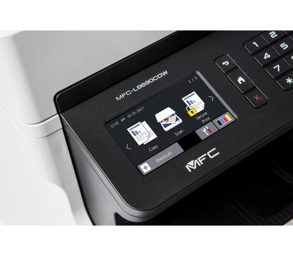 Brother MFC-L8690CDW MFCL8690CDWYJ1 laserová multifunkcia.
General

 Printer type: Colour
 Function: Print, Copy and Scan, Fax
 Display: Colour touchscreen
 Display size: 9.3cm
 Laser classification: Class 1 laser product (IEC 60825-1:2007)
 Max paper size: A4
 Memory: 512MB
 Processor: 800MHz – Sub: 133Mhz
 Technology: Laser
Brother Apps

 A3 Half Fold Copy and Scan: Yes
 Creative Center: Yes
 Easy Scan to Email: Yes
 Enlarge Text Copy: Yes
 Fax Forward to Cloud: Yes
 Folding Notes: Yes
 Note Scan: Yes
 Office Doc Creator: Yes
 Outline and Copy: Yes
 Outline and Scan: Yes
 Scan to Mobile: Yes
 Scan to Searchable PDF: Yes
Connectivity

 Connectivity: Wired Network, Wireless
 Local interface: Hi-Speed USB 2.0 & USB Host for an external card reader
 Wi-Fi Direct: Print wirelessly without having to go through a wireless access point (both automatic and manual methods supported)
 Wired network interface: Ethernet 10Base-T/100Base-TX/1000Base-T
 Wireless network interface: IEEE 802.11b/g/n
Mobile connectivity

 Supported: AirPrint, Android Print Service Plugin, Google Cloud Print 2.0, iPrint&Scan, Mopria, Wi-Fi Direct™
Copying

 2-sided copy: Yes
 Resolution: Up to 1,200 x 600dpi
 Speed: Up to 31cpm (copies per minute) colour & mono
 Enlargement / reduction ratio: Reduce or Increase document sizes from 25% to 400% in 1% increments
 N in 1: Yes
Dimensions & weights

 With carton: 663 x 542 x 654mm
 With carton: 33.7 kg
 Without carton: 435 x 526 x 539mm
 Weight: 27.9 kg
Environmental

 Blue Angel environmental accreditation: Yes
 Energy Star environmental accreditation: Yes
 Nordic Swan environmental accreditation: Yes
 Power consumption (Watts): Printing - 580W, ready - 70W, sleep – 10W, deep sleep – 1.4W, power down - 0.03W
 Sound power: Printing – 6.56BA, quiet mode printing – 6BA, ready – Inaudible
 Sound pressure: Printing – 49dbA, quiet mode printing – 44dbA, ready – Inaudible
 Typical electrical consumption: 1.9kWh/Week
Faxing

 Automatic 2 sided faxing: Yes
 Fax modem: 33,600 kbps
 Internet fax: Optional Download
 PC Fax: Yes
In the box

 Contents: Supplies, Power supply cord, Fax Line Cord, Product safety guide, Windows® Software disc, Warranty card, Quick setup guide
Media specifications

 Types and sizes: Standard & Optional Trays – plain, recycled, coloured and letterhead (between 60 - 105g/m2) Multi Purpose Tray - plain, recycled, bond, coloured, letterhead and glossy paper (between 60 -163g/m2) 2-sided Print - plain, recycled, coloured, letterhead and glossy paper (between 60 - 105g/m2) Automatic Document Feeder - Plain & recycled paper (between 64 - 90g/m2)
 Weights: Standard Tray - A4, Letter, A5, A5(Long Edge), A6, Executive, Legal, Folio, Mexico Legal Multi Purpose Tray- Width: 76.2mm to 215.9mm x Length: 127mm to 355.6mm Automatic Document Feeder - Width: 105mm to 215.9mm x Length: 147.3mm to 355.6mm 2-sided Print – A4
Network

 Secure print: Yes
 Wi-Fi Direct™: Yes
 Wired network: Ethernet 10Base-T/100Base-TX/1000Base-T
 Wired network security: SMTP-AUTH, SSL/TLS (IPPS, HTTPS, SMTP), SNMP v3 802.1x (EAP-MD5, EAP-FAST, PEAP, EAP-TLS, EAP-TTLS), Kerberos, IPSec
 Wireless network: IEEE 802.11b/g/n
 Wireless network security: WEP 64/128 bit, WPA-PSK (TKIP/AES), WPA2-PSK (TKIP/AES) APOP, SMTP-AUTH, SSL/TLS (IPPS, HTTPS, SMTP, POP3, IMAP4), SNMP v3, Kerberos, IPsec, 802.1x (LEAP, EAP-FAST, PEAP, EAP-TLS, EAPTTLS)
Operating systems & software

 Supported: Windows 10® (32 & 64 bit editions) Windows 8® (32 & 64 bit editions) Windows 7® (32 & 64 bit editions) Windows® Server 2016, 2012, 2012R2 & 2008R2 Windows® Server 2008 (32 & 64 bit editions)* *Windows® Server supports network printing only Mac: OS v10.10.5, v10.11.x, v10.12 or greater Linux CUPS, LPD/LPRng (x86/x64 environment)
Paper handling

 Paper input: Standard Tray - Up to 250 sheets, Multi Purpose Tray - Up to 50 sheets, ADF (Automatic Document Feeder) - Up to 50 sheets
 Paper output: Face Down - 150 sheets Face Up (Straight Paper Path) - 1 sheets
Printing

 Resolution: 2,400dpi (2,400 x 600dpi), 600 x 600dpi
 A4 standard colour print speed: 31 pages per minute
 A4 standard mono print speed: 31 pages per minute
 Automatic 2 sided print: Yes
 First print out time: Less than 15 seconds
 Recommended monthly volume: Up to 3,000 pages
Scanning

 2-Sided scan: Yes
 Resolution: Up to 1,200 x 2,400dpi (from flatbed), 1,200 x 600dpi (from ADF), 19,200 x 19,200dpi (Enhanced)
 Speed: 28ppm/56ipm colour & mono
 Scanner type: Dual CIS
Security features

 802.1x: Yes
 Secure function lock v3: Yes
 Secure print: Yes
 Setting lock: Yes
Solutions

 Supported: AirPrint, Android Print Service Plugin, b-guard, Box, Brother Apps, BSI, Dropbox, Evernote, Facebok, Flikr, Google Cloud Print, Google Drive, iPrint&Scan, ISIS, Managed Print Services, Mopria, OneDrive, OneNote
Supplies and accessories

 Accessories: Optional Lower Tray- LT-330CL- Up to 250 Sheets.
 Supplies: Inbox Ton