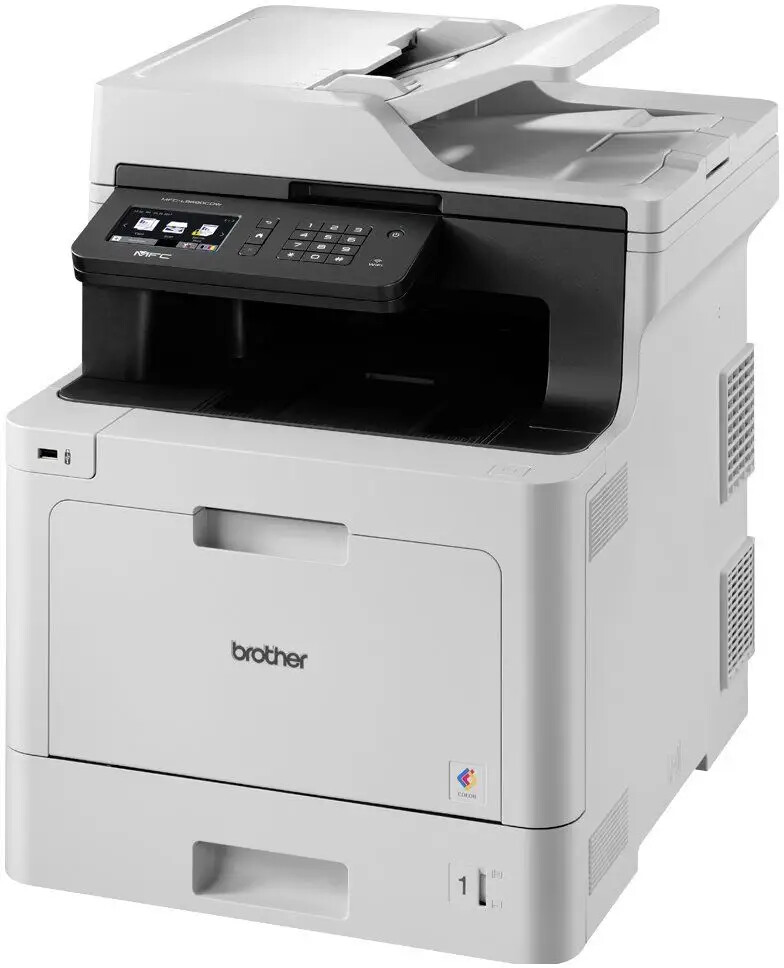 Brother MFC-L8690CDW MFCL8690CDWYJ1 laserová multifunkcia.
General

 Printer type: Colour
 Function: Print, Copy and Scan, Fax
 Display: Colour touchscreen
 Display size: 9.3cm
 Laser classification: Class 1 laser product (IEC 60825-1:2007)
 Max paper size: A4
 Memory: 512MB
 Processor: 800MHz – Sub: 133Mhz
 Technology: Laser
Brother Apps

 A3 Half Fold Copy and Scan: Yes
 Creative Center: Yes
 Easy Scan to Email: Yes
 Enlarge Text Copy: Yes
 Fax Forward to Cloud: Yes
 Folding Notes: Yes
 Note Scan: Yes
 Office Doc Creator: Yes
 Outline and Copy: Yes
 Outline and Scan: Yes
 Scan to Mobile: Yes
 Scan to Searchable PDF: Yes
Connectivity

 Connectivity: Wired Network, Wireless
 Local interface: Hi-Speed USB 2.0 & USB Host for an external card reader
 Wi-Fi Direct: Print wirelessly without having to go through a wireless access point (both automatic and manual methods supported)
 Wired network interface: Ethernet 10Base-T/100Base-TX/1000Base-T
 Wireless network interface: IEEE 802.11b/g/n
Mobile connectivity

 Supported: AirPrint, Android Print Service Plugin, Google Cloud Print 2.0, iPrint&Scan, Mopria, Wi-Fi Direct™
Copying

 2-sided copy: Yes
 Resolution: Up to 1,200 x 600dpi
 Speed: Up to 31cpm (copies per minute) colour & mono
 Enlargement / reduction ratio: Reduce or Increase document sizes from 25% to 400% in 1% increments
 N in 1: Yes
Dimensions & weights

 With carton: 663 x 542 x 654mm
 With carton: 33.7 kg
 Without carton: 435 x 526 x 539mm
 Weight: 27.9 kg
Environmental

 Blue Angel environmental accreditation: Yes
 Energy Star environmental accreditation: Yes
 Nordic Swan environmental accreditation: Yes
 Power consumption (Watts): Printing - 580W, ready - 70W, sleep – 10W, deep sleep – 1.4W, power down - 0.03W
 Sound power: Printing – 6.56BA, quiet mode printing – 6BA, ready – Inaudible
 Sound pressure: Printing – 49dbA, quiet mode printing – 44dbA, ready – Inaudible
 Typical electrical consumption: 1.9kWh/Week
Faxing

 Automatic 2 sided faxing: Yes
 Fax modem: 33,600 kbps
 Internet fax: Optional Download
 PC Fax: Yes
In the box

 Contents: Supplies, Power supply cord, Fax Line Cord, Product safety guide, Windows® Software disc, Warranty card, Quick setup guide
Media specifications

 Types and sizes: Standard & Optional Trays – plain, recycled, coloured and letterhead (between 60 - 105g/m2) Multi Purpose Tray - plain, recycled, bond, coloured, letterhead and glossy paper (between 60 -163g/m2) 2-sided Print - plain, recycled, coloured, letterhead and glossy paper (between 60 - 105g/m2) Automatic Document Feeder - Plain & recycled paper (between 64 - 90g/m2)
 Weights: Standard Tray - A4, Letter, A5, A5(Long Edge), A6, Executive, Legal, Folio, Mexico Legal Multi Purpose Tray- Width: 76.2mm to 215.9mm x Length: 127mm to 355.6mm Automatic Document Feeder - Width: 105mm to 215.9mm x Length: 147.3mm to 355.6mm 2-sided Print – A4
Network

 Secure print: Yes
 Wi-Fi Direct™: Yes
 Wired network: Ethernet 10Base-T/100Base-TX/1000Base-T
 Wired network security: SMTP-AUTH, SSL/TLS (IPPS, HTTPS, SMTP), SNMP v3 802.1x (EAP-MD5, EAP-FAST, PEAP, EAP-TLS, EAP-TTLS), Kerberos, IPSec
 Wireless network: IEEE 802.11b/g/n
 Wireless network security: WEP 64/128 bit, WPA-PSK (TKIP/AES), WPA2-PSK (TKIP/AES) APOP, SMTP-AUTH, SSL/TLS (IPPS, HTTPS, SMTP, POP3, IMAP4), SNMP v3, Kerberos, IPsec, 802.1x (LEAP, EAP-FAST, PEAP, EAP-TLS, EAPTTLS)
Operating systems & software

 Supported: Windows 10® (32 & 64 bit editions) Windows 8® (32 & 64 bit editions) Windows 7® (32 & 64 bit editions) Windows® Server 2016, 2012, 2012R2 & 2008R2 Windows® Server 2008 (32 & 64 bit editions)* *Windows® Server supports network printing only Mac: OS v10.10.5, v10.11.x, v10.12 or greater Linux CUPS, LPD/LPRng (x86/x64 environment)
Paper handling

 Paper input: Standard Tray - Up to 250 sheets, Multi Purpose Tray - Up to 50 sheets, ADF (Automatic Document Feeder) - Up to 50 sheets
 Paper output: Face Down - 150 sheets Face Up (Straight Paper Path) - 1 sheets
Printing

 Resolution: 2,400dpi (2,400 x 600dpi), 600 x 600dpi
 A4 standard colour print speed: 31 pages per minute
 A4 standard mono print speed: 31 pages per minute
 Automatic 2 sided print: Yes
 First print out time: Less than 15 seconds
 Recommended monthly volume: Up to 3,000 pages
Scanning

 2-Sided scan: Yes
 Resolution: Up to 1,200 x 2,400dpi (from flatbed), 1,200 x 600dpi (from ADF), 19,200 x 19,200dpi (Enhanced)
 Speed: 28ppm/56ipm colour & mono
 Scanner type: Dual CIS
Security features

 802.1x: Yes
 Secure function lock v3: Yes
 Secure print: Yes
 Setting lock: Yes
Solutions

 Supported: AirPrint, Android Print Service Plugin, b-guard, Box, Brother Apps, BSI, Dropbox, Evernote, Facebok, Flikr, Google Cloud Print, Google Drive, iPrint&Scan, ISIS, Managed Print Services, Mopria, OneDrive, OneNote
Supplies and accessories

 Accessories: Optional Lower Tray- LT-330CL- Up to 250 Sheets.
 Supplies: Inbox Ton