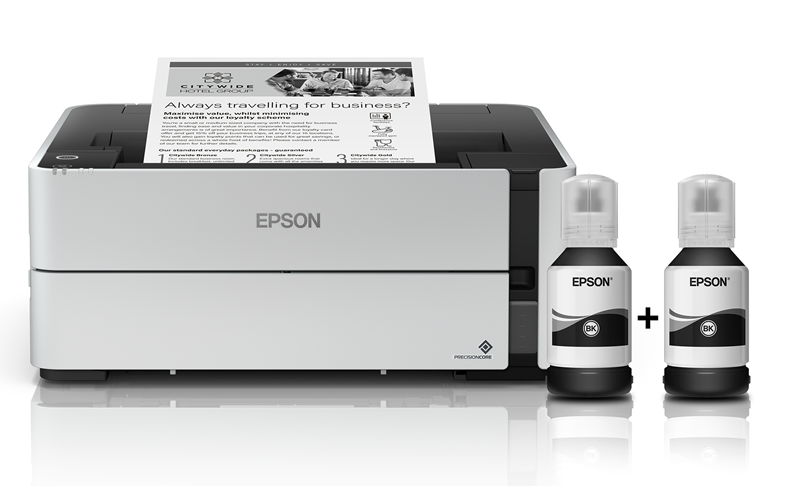 Epson EcoTank M1170 C11CH44402 atramentová tlačiareň.
Za tri roky môžete s tlačiarňou EcoTank ušetriť až 50% nákladov oproti laserovým čiernobielym tlačiarňam.
Nízke náklady na atrament
S náhradnými atramentovými liekovkami môžete ušetriť až 90 % nákladov na tlač jednej stránky a navyše nemusíte neustále dopĺňať atrament.
Spoľahlivosť
Všetky tlačiarne EcoTank mono vás zbavia starostí vďaka záruke na dobu jedného roka alebo 100 000 vytlačených strán.
Úspora času
Neplytvajte časom na výmenu spotrebného materiálu – nádržku atramentového tankového systému stačí jednoducho naplniť a pustiť ju z hlavy.
Úspora energie
Tlačiareň EcoTank mono vám umožní obmedziť spotrebu energie a znížiť režijné náklady.
Efektívne funkcie pre firmy
Využite výhody tlačovej hlavy PrecisionCore, ktorá je vyhlásená svojou rýchlosťou, kvalitou, spoľahlivosťou a výkonnosťou.
Možnosti pripojenia
Vďaka pripojeniu prostredníctvom Wi-Fi a ponuke aplikácií Epson pre mobilnú tlač môžete využiť funkciu skenovania do cloudu a tlačiť z akéhokoľvek miesta kancelárie.
Metóda tlače: Tlačová hlava PrecisionCore™
Konfigurácia trysiek: 400 trysky čierna
Min.
Atramentová technológia: Pigmentový atrament
Formát tlačiarne: A4, Legal
Rozlíšenie[DPI]: 1.200 x 2.400 dpi
Rýchlosť čiernej tlače [str/min]: 39 Str./min Čiernobielo (obyčajný papier)
Rýchlosť tlače ISO/IEC 24734: 20 Str./min Čiernobielo
Tlač prvej strany [sec]: Čiernobielo 6 s
Max.
Duplexná tlač Áno (A4, obyčajný papier)
Kapacita zásobníka [str]:
Kapacita výstupného zásobníka: 100 Listy
Kapacita zásobníka papiera: 250 Listy Štandardné
Rozhranie: USB, Ethernet, Wi-Fi, Wi-Fi Direct
Spotreba [W]: 0,7 W (úsporný režim), 13 W (tlač), 3,3 W Pripravené, 0,2 W (vypnutie)
Hlučnosť [dB]: 6,9 B (A) s papierom Epson Premium Glossy Photo Paper / režim Photo RPM - 56 dB (A) s papierom Epson Premium Glossy Photo Paper / režim Photo RPM
Rozmery [VxŠxH mm]: 151 x 375?
Hmotnosť [kg]: 4,3 kg
Podporované operačné systémy:
Mac OS X 10.6.8 alebo later, Windows 10, Windows 7, Windows 8, Windows 8.1, Windows Server 2003 R2 x64, Windows Server 2008 (32/64-bitová verzia), Windows Server 2008 R2, Windows Server 2012 (64-bit), Windows Server 2012 R2, Windows Server 2016, Windows Vista, Windows XP SP3, Windows XP Professional x64 Edition SP2
Obsah balenia: Hlavné zariadenie, napájací kábel, záručný list, X2 ink bottles
Záruka: 24 mesiacov
Bezplatnú predĺženú záruku získate registráciou na webovej stránke spoločnosti Epson. 
!