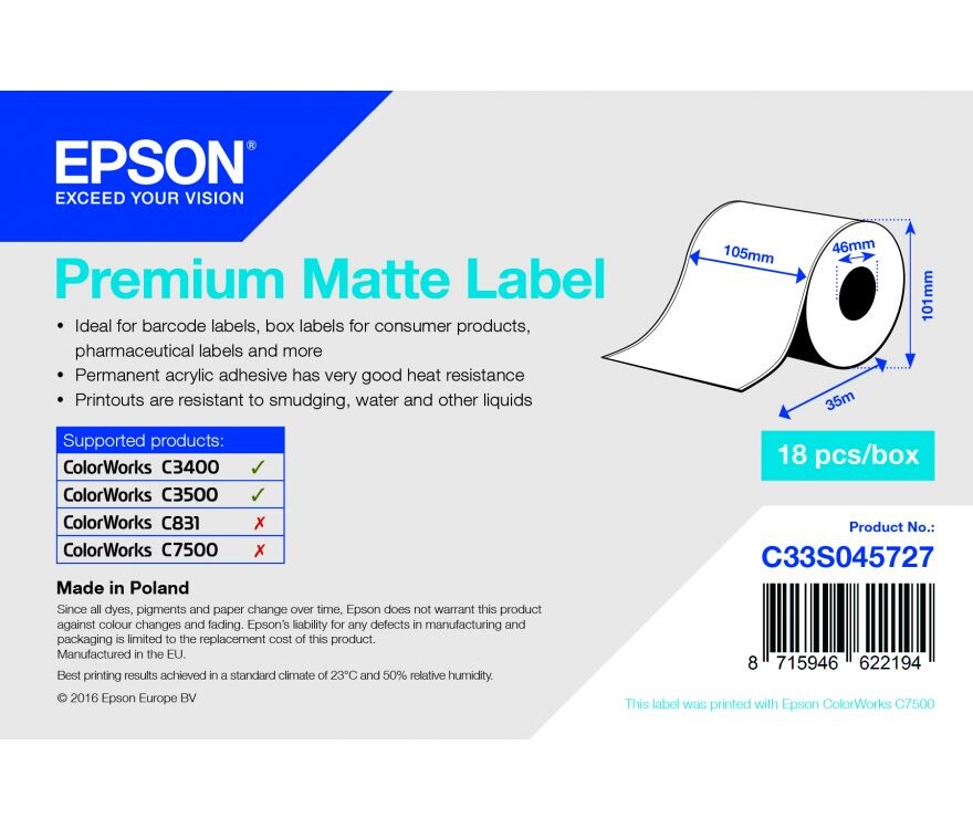 Epson C33S045727 Premium Matte, pro ColorWorks, 105mmx35m, bílé samolepicí etikety