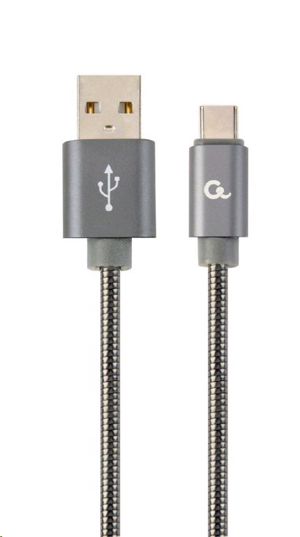 Kabel CABLEXPERT CC-USB2S-AMCM-1M-BG USB 2.0 AM na Type-C kabel (AM/CM), 1m, metalická spirála, šedý, blister, PREMIUM QUALITY