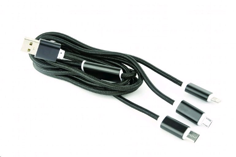 Kabel CABLEXPERT CC-USB2-AM31-1M USB A Male/Micro B + Type-C + Lightning, 1m, opletený, černý, blister