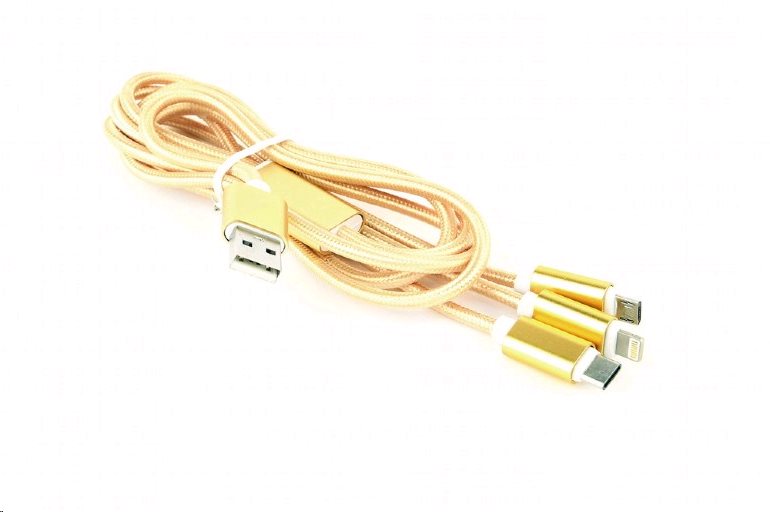 Kabel CABLEXPERT CC-USB2-AM31-1M-G USB A Male/Micro B + Type-C + Lightning, 1m, opletený, zlatý, blister