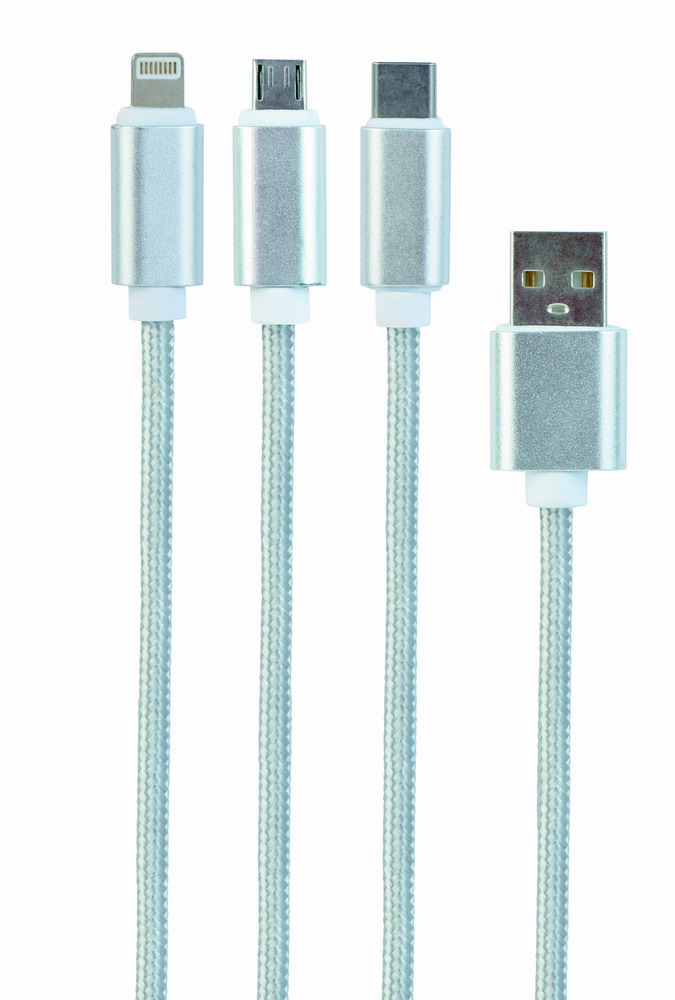 Kabel CABLEXPERT CC-USB2-AM31-1M-S USB A Male/Micro B + Type-C + Lightning, 1m, opletený, stříbrný, blister