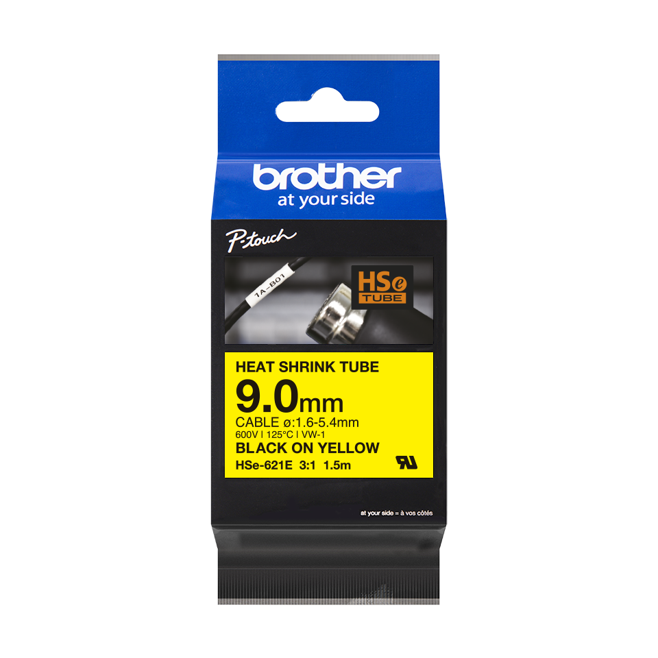 Brother HSe-621E Pro Tape, 9 mm x 1.5. m, černý tisk / žlutý podklad , originální páska