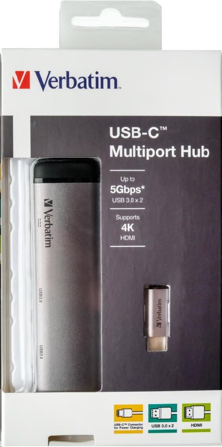 VERBATIM 49140 USB-C Multiport HUB, 2x USB 3.0, 1x USB-C, HDMI, šedá dokovací stanice.