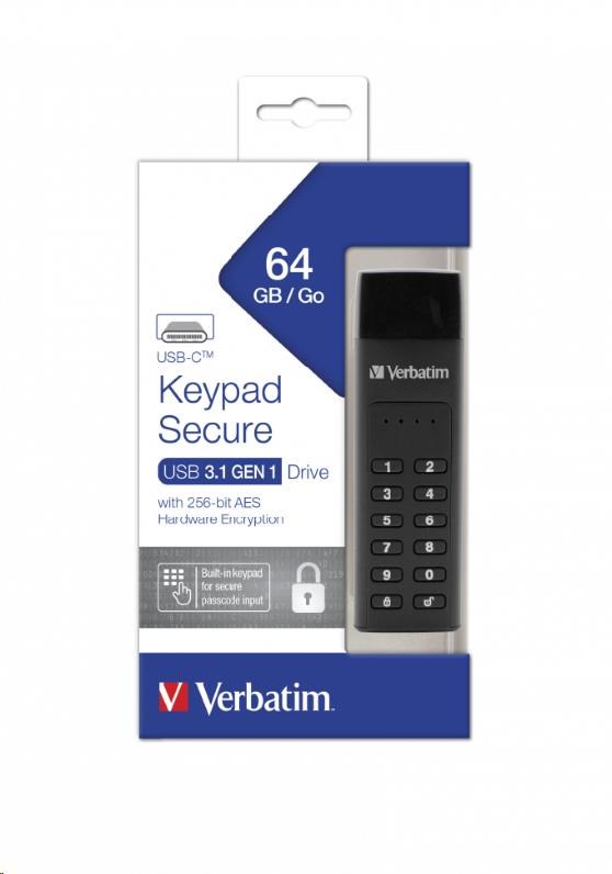 VERBATIM USB C 3.1 Drive 64 GB - Keypad Secure (R:160/W:140 MB/s) GDPR.