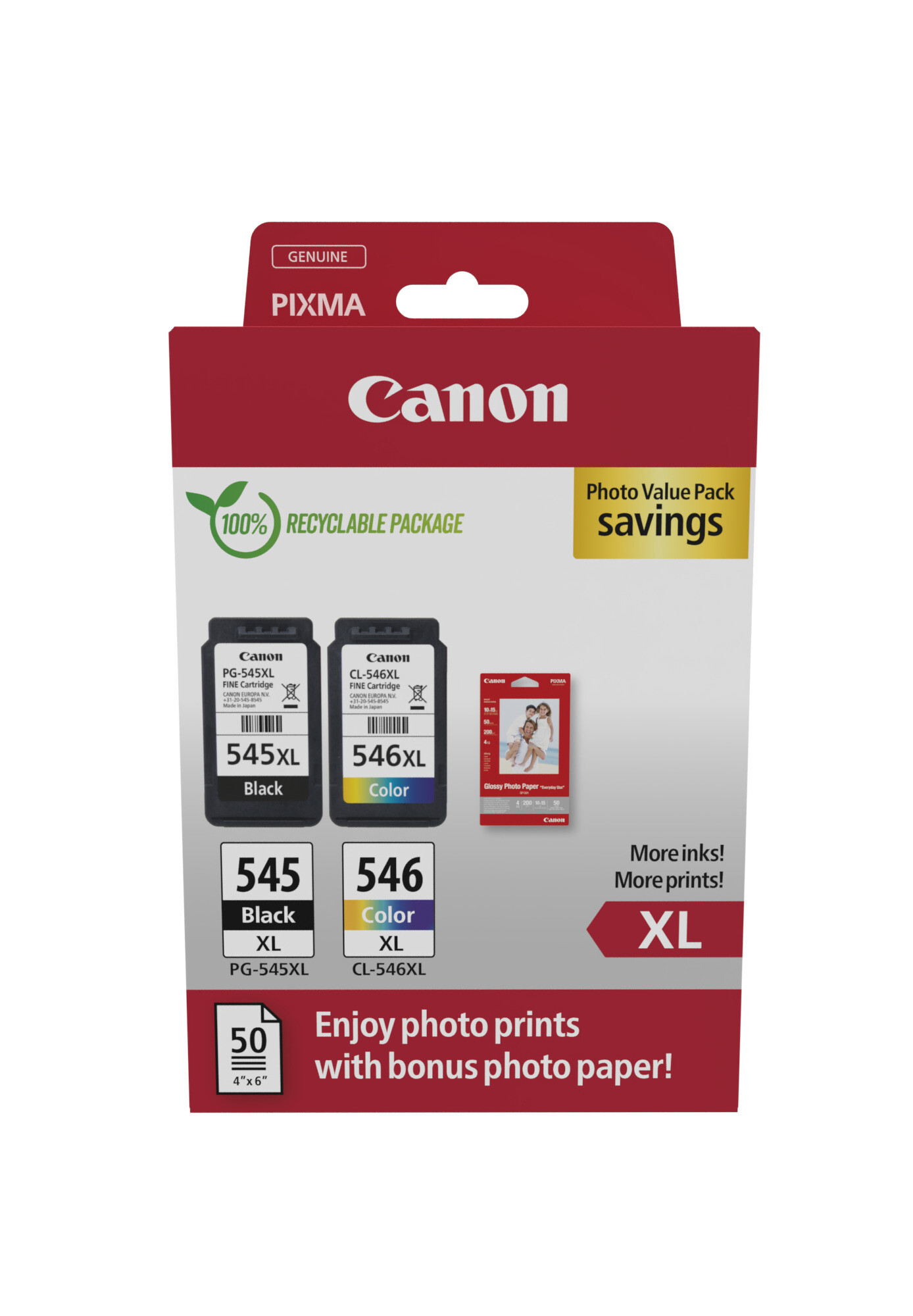 Canon PG-545XL/CL-546XL/GP-501 8286B011 farebná (color) sada originálne cartridge + fotopapier 10x15.
Prečo kúpiť našu originálnu náplň Canon?
 

Originálne cartridge = záruka priamo od výrobcu tlačiarne
100% použitie v tlačiarni - spoľahlivá a bezproblémová tlač
Použitím originálnej náplne predlžujete životnosť tlačiarne
Osvedčená špičková kvalita - jasný a čitateľný text, jemná grafika, kvalitnejšie obrázky
Použitie originálnej kazety ponúka rýchly a vysoký výkon a napriek tomu stabilné výsledky = EFEKTÍVNA TLAČ
Jednoduchá inštalácia a údržba
Zabezpečujeme bezplatnú recykláciu originálnych náplní
Garancia Vašej spokojnosti pri použití našej originálnej náplne

Kód výrobca: 8286B011