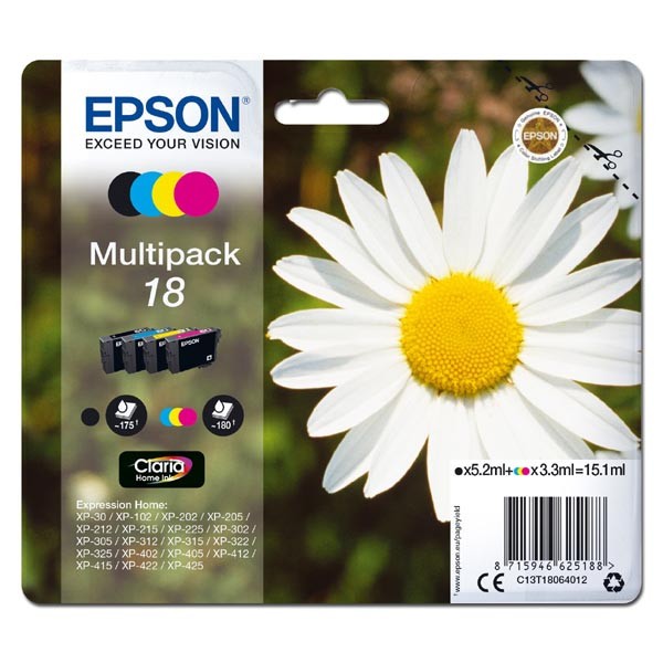 Epson T18064012, T180640 multipack originálna cartridge.
 
Prečo kúpiť našu originálnu náplň Epson?
 
 

Originálne cartridge = záruka priamo od výrobcu tlačiarne
100% použitie v tlačiarni - spoľahlivá a bezproblémová tlač
Použitím originálnej náplne predlžujete životnosť tlačiarne
Osvedčená špičková kvalita - jasný a čitateľný text, jemná grafika, kvalitnejšie obrázky
Použitie originálnej kazety ponúka rýchly a vysoký výkon a napriek tomu stabilné výsledky = EFEKTÍVNA TLAČ
Jednoduchá inštalácia a údržba
Zabezpečujeme bezplatnú recykláciu originálnych náplní
Garancia Vašej spokojnosti pri použití našej originálnej náplne
C13T18064012