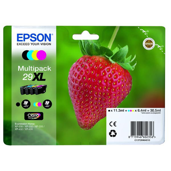 Epson T29964012, T29XL azurová/purpurová/žlutá/černá (cyan/magenta/yellow/black) originální cartridge.
Proč koupit naši originální náplň?

Originální cartridge = záruka přímo od výrobce tiskárny
100 % použití v tiskárně - spolehlivý a bezproblémový tisk
Použitím originální náplně prodlužujete životnost tiskárny
Osvědčená špičková kvalita - jasný a čitelný text, jemná grafika, kvalitnější obrázky
Použití originální kazety nabízí rychlý a vysoký výkon a přesto stabilní výsledky = EFEKTIVNÍ TISK
Jednoduchá instalace a údržba
Zajišťujeme bezplatnou recyklaci originálních náplní
Garance Vaší spokojenosti s použitím naší originální náplně

Kód výrobce: C13T29964012