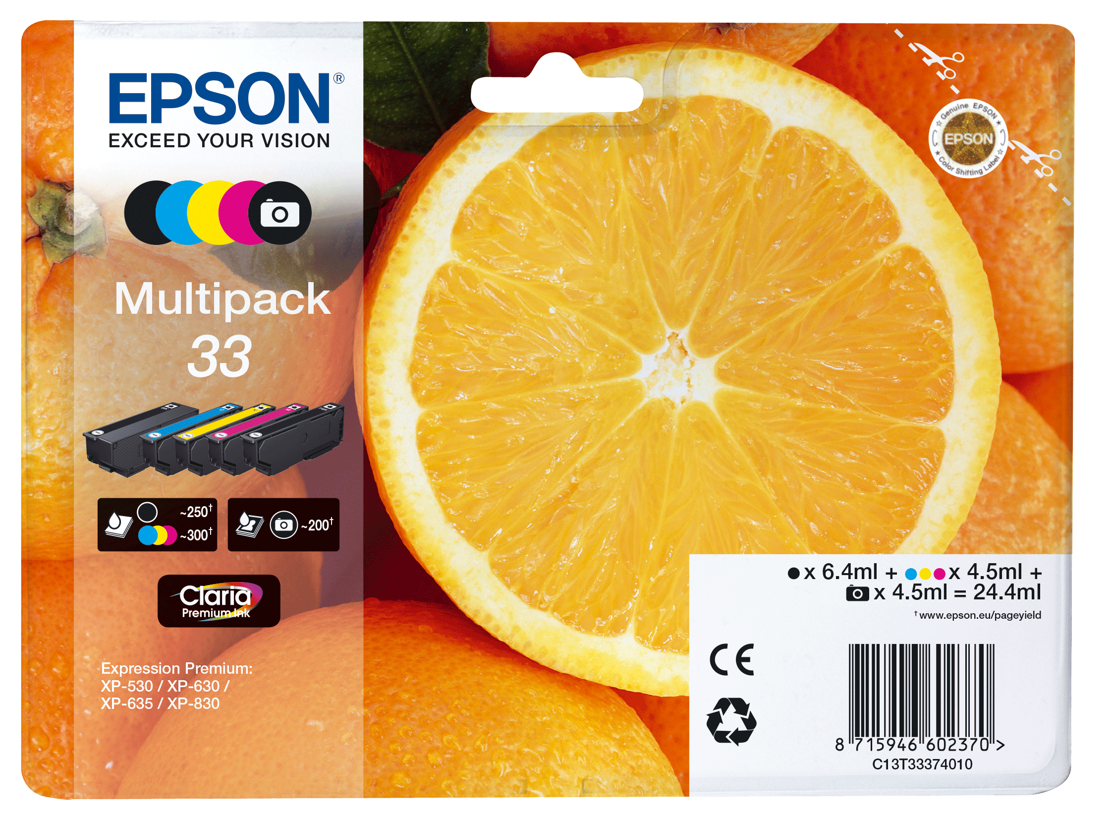 Epson T33 C13T33374011 barevná (CMYK) sada originálna cartridge.
Prečo kúpiť našu originálnu náplň Epson?
 

Originálne cartridge = záruka priamo od výrobcu tlačiarne
100% použitie v tlačiarni - spoľahlivá a bezproblémová tlač
Použitím originálnej náplne predlžujete životnosť tlačiarne
Osvedčená špičková kvalita - jasný a čitateľný text, jemná grafika, kvalitnejšie obrázky
Použitie originálnej kazety ponúka rýchly a vysoký výkon a napriek tomu stabilné výsledky = EFEKTÍVNA TLAČ
Jednoduchá inštalácia a údržba
Zabezpečujeme bezplatnú recykláciu originálnych náplní
Garancia Vašej spokojnosti pri použití našej originálnej náplne

Kód výrobcu: C13T33374011