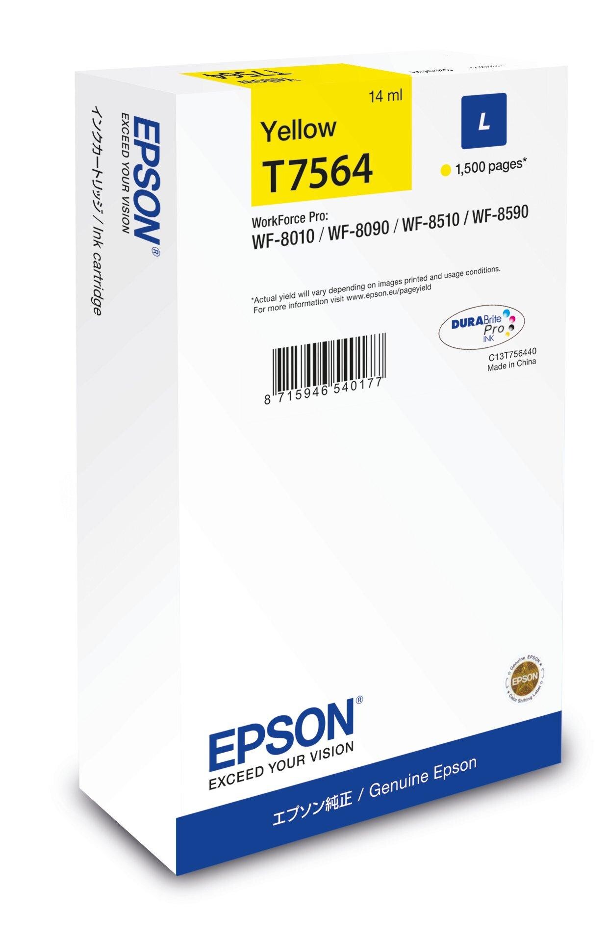 Epson T7564 L C13T75644N žltá (yellow) originálna cartridge.
   Originálne cartridge = záruka priamo od výrobcu tlačiarne 100% použitie v tlačiarni - spoľahlivá a bezproblémová tlač Použitím originálnej náplne predlžujete životnosť tlačiarne Osvedčená špičková kvalita - jasný a čitateľný text, jemná grafika, kvalitnejšie obrázky Použitie originálnej kazety ponúka rýchly a vysoký výkon a napriek tomu stabilné výsledky = EFEKTÍVNA TLAČ Jednoduchá inštalácia a údržba Zabezpečujeme bezplatnú recykláciu originálnych náplní Garancia Vašej spokojnosti pri použití našej originálnej náplne  Kód výrobcu: C13T75644N