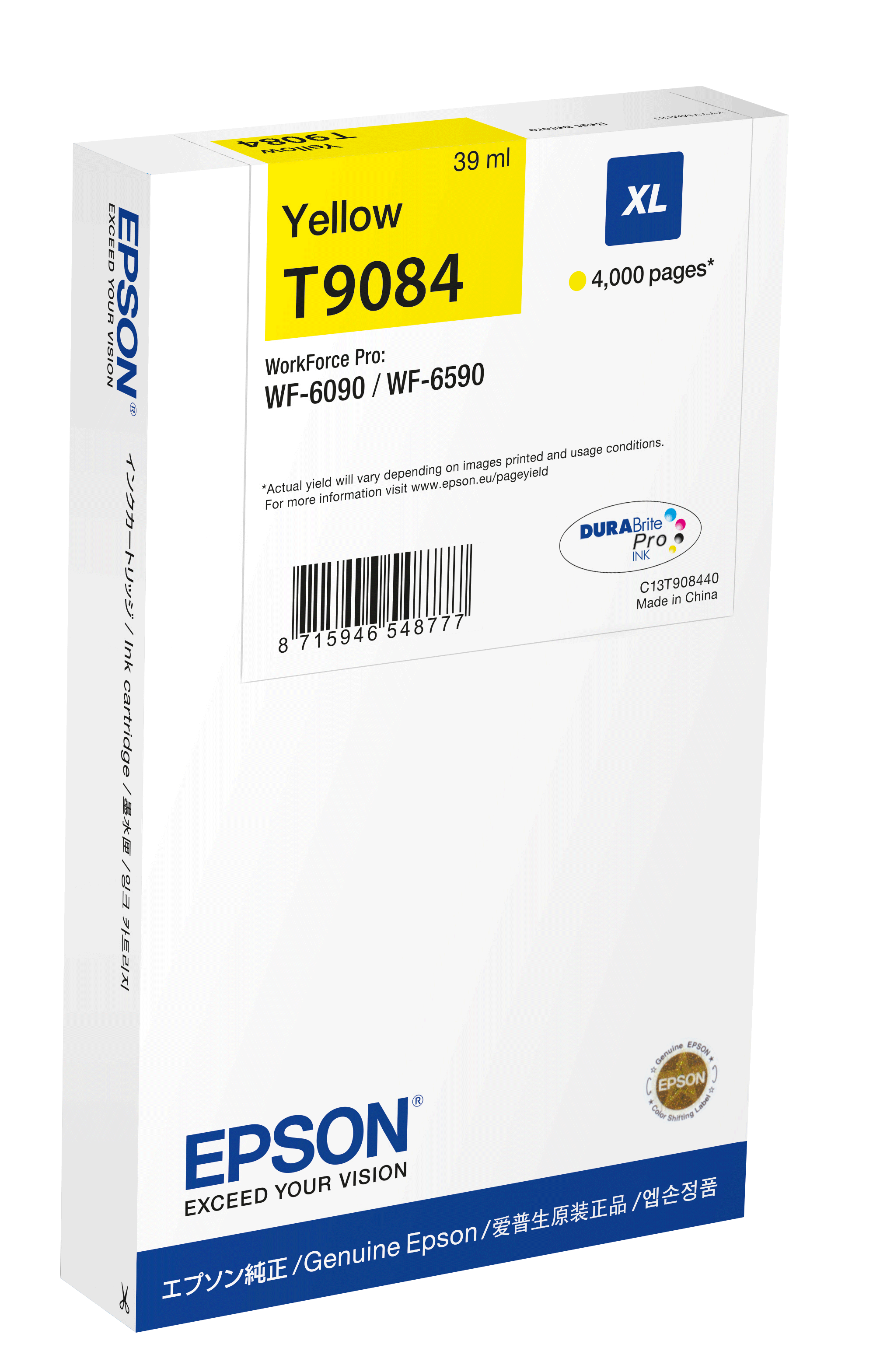 Epson T9084 XL C13T90844N žltá (yellow) originálna cartridge.
   Originálne cartridge = záruka priamo od výrobcu tlačiarne 100% použitie v tlačiarni - spoľahlivá a bezproblémová tlač Použitím originálnej náplne predlžujete životnosť tlačiarne Osvedčená špičková kvalita - jasný a čitateľný text, jemná grafika, kvalitnejšie obrázky Použitie originálnej kazety ponúka rýchly a vysoký výkon a napriek tomu stabilné výsledky = EFEKTÍVNA TLAČ Jednoduchá inštalácia a údržba Zabezpečujeme bezplatnú recykláciu originálnych náplní Garancia Vašej spokojnosti pri použití našej originálnej náplne  Kód výrobcu: C13T90844N