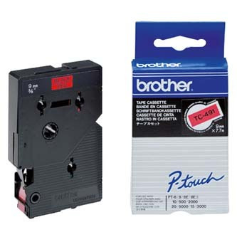 Brother TC-491, 9mm x 7,7m, černý tisk / červený podklad, originální páska