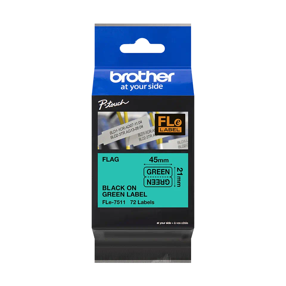 Brother FLE-7511 Pro Tape, 45mm x 10.5mm, černý tisk/zelený podklad, 72ks, originální páska