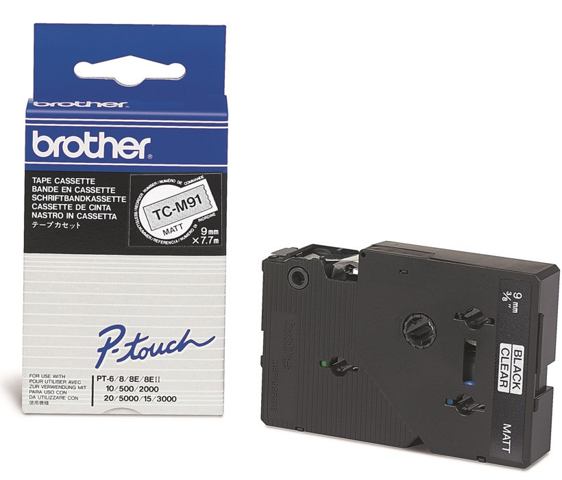 Brother TC-M91, 9mm x 7,7m, černý tisk / průhledný podklad, originální páska