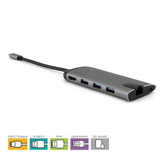 USB (3.1) hub 6-port, 49142, šedá, délka kabelu 15cm, Verbatim, 1x USB C, USB A, HDMI, Ethernet, čtečka SD.
Víceportový rozbočovač USB-C™ je ideálním partnerem pro nejnovější tenké notebooky a MacBooky.

Rozlišení Ultra HD
Port HDMI na víceportovém rozbočovači umožňuje rozšířit zobrazení na televizi či monitor.

Ethernetové připojení
Víceportový rozbočovač má rovněž gigabitový ethernetový port.

Nabíjení
Port USB-C™ poskytuje současně jak nabíjení, tak i přenos dat.

Místo pro příslušenství
Potřebujete příslušenství?

Přenosný komfort
Díky ultrapřenosnému designu z broušeného kovu je tento rozbočovač ideální pro aplikace BYOD (Bring Your Own Device) v kanceláři i na cestách.


* Podle výsledků interních zkoušek.

Podrobnosti o produktu

    Víceportový rozbočovač USB-C™ – přeměňte svůj notebook či chytrý telefon na pracovní stanici
    Poskytuje nabíjení USB-C™ – snadno nabíjejte zařízení USB-C™ za současného využití ostatních portů
    Tři porty USB 3.0 nabízejí možnosti pro další příslušenství
    Rozhraní HDMI podporuje výstup videa z počítače do monitoru 4K ve formátu až 4K**
    Gigabitový ethernetový port pro drátové připojení k síti
    Čtečka paměťových karet SD/microSD
    Díky elegantnímu a kompaktnímu designu je toto zařízení neskutčně přenosné a ideální na cesty

** Pokud počítač formát 4K podporuje.

Požadavky na systém

Port hostitele USB-C™
Windows 7, 8 & 10
Mac OS 9.X a vyšší
Linux 2.4.X

Technické údaje

    Rozhraní: USB-C™ (USB 3.1 GEN 1), 3 x USB 3.0, HDMI, gigabitový ethernet, čtečka karet SD/microSD
    Hmotnost produktu: cca 70 gramů
    Rozměry produktu: 117,7 mm × 50 mm × 15,3 mm (D × Š × V)
    Délka kabelu: 15 cm
    Rozsah napětí: 5 V – 20 V
    Max.
    Provozní teplota: 5–40 stupňů
    Teplota skladování: 0–60 stupňů

Obsah balení

Víceportový rozbočovač USB-C™ (včetně 15cm kabelu USB-C™)