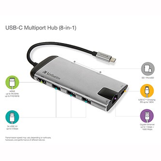 USB (3.1) hub 6-port, 49142, šedá, délka kabelu 15cm, Verbatim, 1x USB C, USB A, HDMI, Ethernet, čtečka SD.
Víceportový rozbočovač USB-C™ je ideálním partnerem pro nejnovější tenké notebooky a MacBooky.

Rozlišení Ultra HD
Port HDMI na víceportovém rozbočovači umožňuje rozšířit zobrazení na televizi či monitor.

Ethernetové připojení
Víceportový rozbočovač má rovněž gigabitový ethernetový port.

Nabíjení
Port USB-C™ poskytuje současně jak nabíjení, tak i přenos dat.

Místo pro příslušenství
Potřebujete příslušenství?

Přenosný komfort
Díky ultrapřenosnému designu z broušeného kovu je tento rozbočovač ideální pro aplikace BYOD (Bring Your Own Device) v kanceláři i na cestách.


* Podle výsledků interních zkoušek.

Podrobnosti o produktu

    Víceportový rozbočovač USB-C™ – přeměňte svůj notebook či chytrý telefon na pracovní stanici
    Poskytuje nabíjení USB-C™ – snadno nabíjejte zařízení USB-C™ za současného využití ostatních portů
    Tři porty USB 3.0 nabízejí možnosti pro další příslušenství
    Rozhraní HDMI podporuje výstup videa z počítače do monitoru 4K ve formátu až 4K**
    Gigabitový ethernetový port pro drátové připojení k síti
    Čtečka paměťových karet SD/microSD
    Díky elegantnímu a kompaktnímu designu je toto zařízení neskutčně přenosné a ideální na cesty

** Pokud počítač formát 4K podporuje.

Požadavky na systém

Port hostitele USB-C™
Windows 7, 8 & 10
Mac OS 9.X a vyšší
Linux 2.4.X

Technické údaje

    Rozhraní: USB-C™ (USB 3.1 GEN 1), 3 x USB 3.0, HDMI, gigabitový ethernet, čtečka karet SD/microSD
    Hmotnost produktu: cca 70 gramů
    Rozměry produktu: 117,7 mm × 50 mm × 15,3 mm (D × Š × V)
    Délka kabelu: 15 cm
    Rozsah napětí: 5 V – 20 V
    Max.
    Provozní teplota: 5–40 stupňů
    Teplota skladování: 0–60 stupňů

Obsah balení

Víceportový rozbočovač USB-C™ (včetně 15cm kabelu USB-C™)