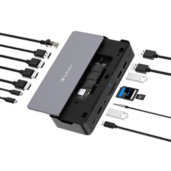 Dokovací stanice Verbatim, USB-C Pro, 15-port, 2x HDMI, RJ45, microSD, USB-A 3.1, USB-C 3.1, šedá.