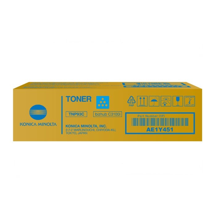 Konica Minolta TNP-92C AE1Y450 azúrový (cyan) originálny toner.
   Originálny toner = záruka priamo od výrobcu tlačiarne 100% použitie v tlačiarni - bezproblémové fungovanie s vašou tlačiarňou Použitím originálnej náplne predlžujete životnosť tlačiarne Osvedčená špičková kvalita - vysokokvalitná a spoľahlivá tlač originálnou tlačovou kazetou od prvej do poslednej stránky Trvalé a profesionálne výsledky tlače - dlhodobá udržateľnosť tlače Kratšie zdržanie pri tlači stránok Garancia Vašej spokojnosti pri použití našej originálnej náplne Zabezpečujeme bezplatnú recykláciu originálnych náplní Zlyhanie náplne v menej ako 1% prípadov Jednoduchá a rýchla výmena náplne  Kód výrobcu: AE1Y450