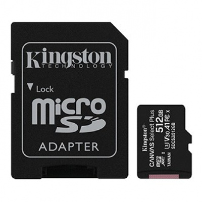 Kingston paměťová karta Canvas Select Plus, 512GB, micro SDXC, SDCS2/512GB, UHS-I U1 (Class 10), s adaptérem, A1