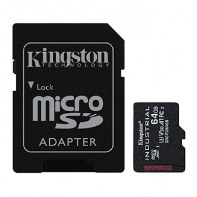 Kingston paměťová karta Industrial C10, 64GB, micro SDxc, SDCIT2/64GB, UHS-I U3 (Class 10), pSLC karta s adaptérem, V30, A1