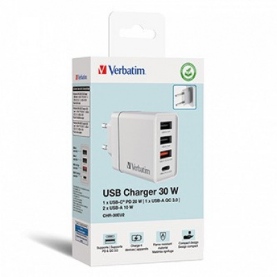 Verbatim Síťový adaptér 30W, 4 porty, 1x USB-C, 3x USB-A