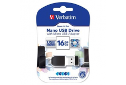 Verbatim USB flash disk, USB 2.0, 16GB, Nano, Store N Go, černý, 49821, USB A, s adaptérem USB Micro