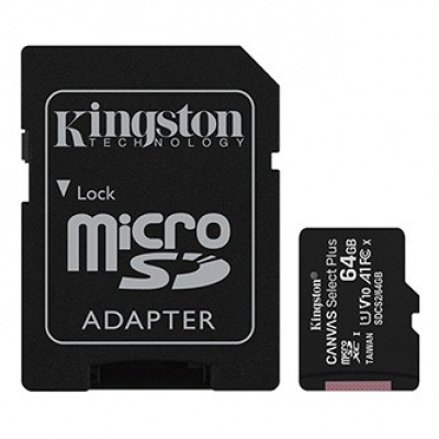 Kingston paměťová karta Canvas Select Plus, 64GB, micro SDXC, SDCS2/64GB, UHS-I U1 (Class 10), s adaptérem, A1