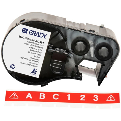 Brady M4C-750-595-RD-WT / 170829, 19.05 mm x 7.62 m, Vinyl, bílý tisk / červený podklad