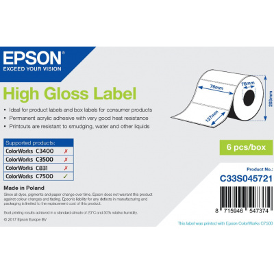 Epson C33S045721 High Gloss, pro ColorWorks, 76x127mm, 960ks, bílé samolepicí etikety