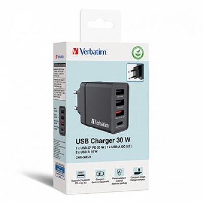 Verbatim Síťový adaptér 30W, 4 porty, 1x USB-C, 3x USB-A