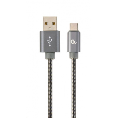 Kabel CABLEXPERT CC-USB2S-AMCM-2M-BG USB 2.0 AM na Type-C kabel (AM/CM), 2m, metalická spirála, šedý, blister, PREMIUM QUALITY