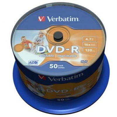 Verbatim DVD-R, Wide Inkjet Printable No ID Brand, 43533, 4.7GB, 16x, spindle, 50-pack, 12cm, pro archivaci dat