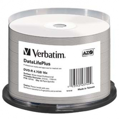 Verbatim DVD-R, DataLifePlus Wide Inkjetr Printable, 43744, 4.7GB, 16X, cake box, 50-pack, 12cm, pro archivaci dat