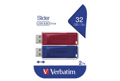 Verbatim USB flash disk, USB 2.0, 32GB, Slider, červený, modrý, 49327, USB A, s výsuvným konektorem, 2 ks