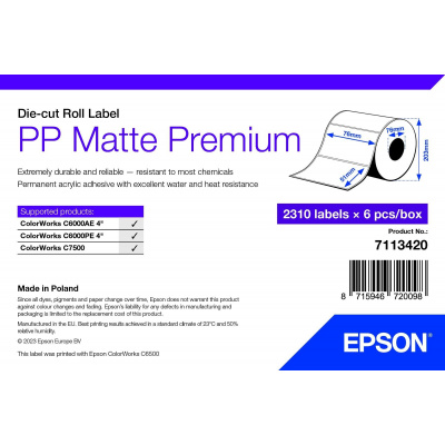 Epson 7113420 PP Matte, pro ColorWorks, 76x51mm, 2310ks, polypropylen, bílé samolepicí etikety