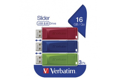 Verbatim USB flash disk, USB 2.0, 16GB, Slider, zelený, modrý, červený, 49326, USB A, s výsuvným konektorem, 3 ks