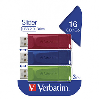 Verbatim USB flash disk, USB 2.0, 16GB, Slider, zelený, modrý, červený, 49326, USB A, s výsuvným konektorem, 3 ks