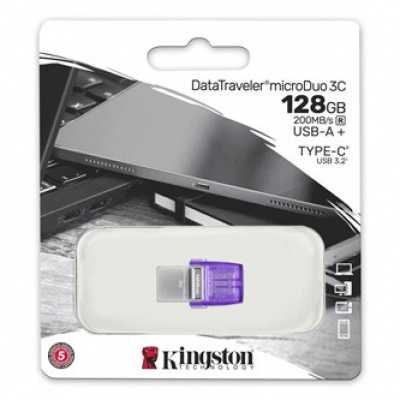 Kingston USB flash disk OTG, USB 3.0, 128GB, Data Traveler microDuo3 G2, stříbrno-fialový, DTDUO3CG3/128GB, USB A / USB C