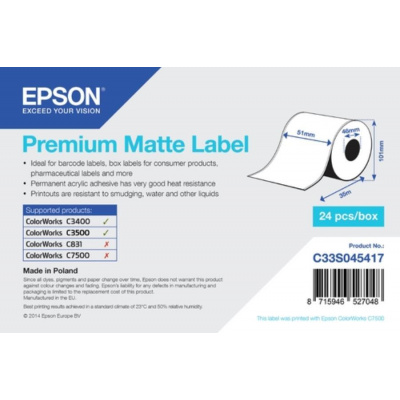 Epson C33S045417 Premium Matte, pro ColorWorks, 51mmx35m, bílé samolepicí etikety